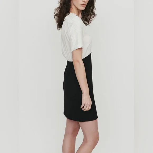 Maje Ravelle Lace-Inset Ceep V Neck Colorblock Mini Dress Ptp 17" Sz 3 UK / L US - Picture 8 of 16